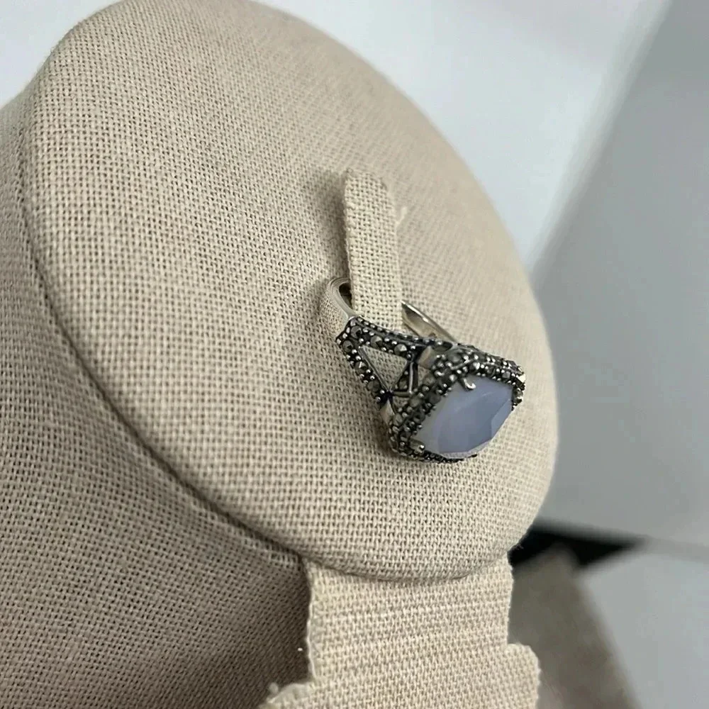 💎 Rare QVC Sterling Silver Gray Chalcedony & Marcasite Ring - Size 7 - Picture 10 of 17